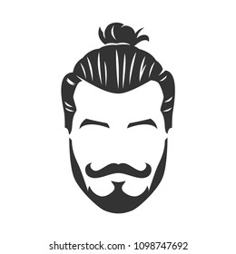 Vector Hipster Man Bearded Face With Bun Black And White