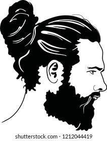 Vector hipster man bearded face , bun hairstyle