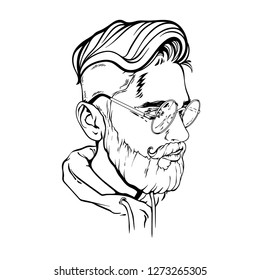 Vector hipster man bearded face with eyeglasses, beard and mustache, vector realistic sketch illustration isolated on white background