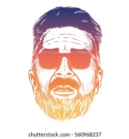 Vector hipster man bearded face in sunglasses