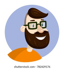 Vector hipster man bearded face in eyeglasses, veotr portrait illustration, icon or sign