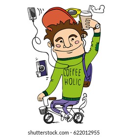 vector hipster man character with takeaway coffee riding bicycle illustration