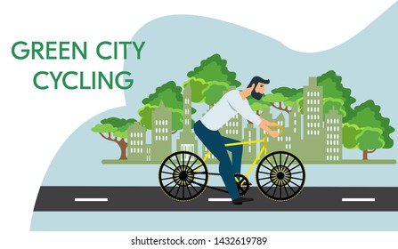 Vector of a hipster man riding a bicycle in the green city