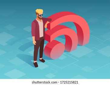 Vector of a hipster man standing by 3d rss symbol