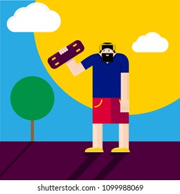 Vector hipster man stay on the road with skateboard in hand.