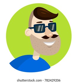 Vector hipster man unshaved face in sunglasses, veotr portrait illustration, icon or sign