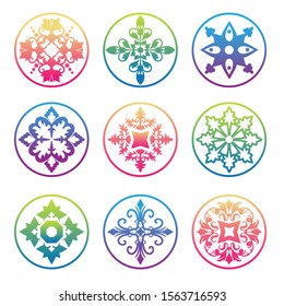 Vector hipster mandala in green, red, blue, violet and pink colors. Mandala with floral patterns. Yoga template.