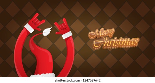 Vector Hipster Merry Christmas Rock n roll party horizontal banner or poster design . vector cartoon rock n roll Santa Claus character with calligraphic greeting text on vintage brown background