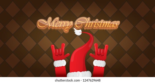 Vector Hipster Merry Christmas Rock n roll party horizontal banner or poster design . vector cartoon rock n roll Santa Claus character with calligraphic greeting text on vintage brown background