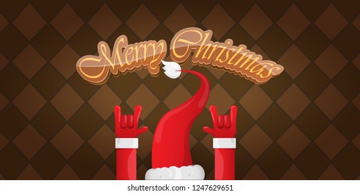 Vector Hipster Merry Christmas Rock n roll party horizontal banner or poster design . vector cartoon rock n roll Santa Claus character with calligraphic greeting text on vintage brown background