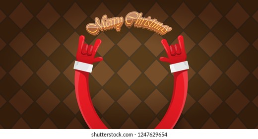 Vector Hipster Merry Christmas Rock n roll party horizontal banner or poster design . vector cartoon rock n roll Santa Claus character with calligraphic greeting text on vintage brown background