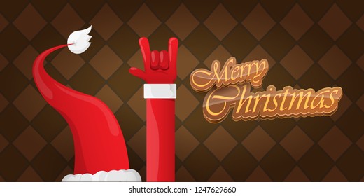 Vector Hipster Merry Christmas Rock n roll party horizontal banner or poster design . vector cartoon rock n roll Santa Claus character with calligraphic greeting text on vintage brown background