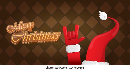 Vector Hipster Merry Christmas Rock n roll party horizontal banner or poster design . vector cartoon rock n roll Santa Claus character with calligraphic greeting text on vintage brown background