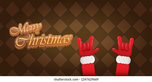 Vector Hipster Merry Christmas Rock n roll party horizontal banner or poster design . vector cartoon rock n roll Santa Claus character with calligraphic greeting text on vintage brown background