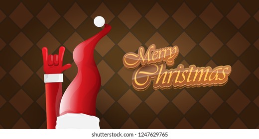 Vector Hipster Merry Christmas Rock n roll party horizontal banner or poster design . vector cartoon rock n roll Santa Claus character with calligraphic greeting text on vintage brown background