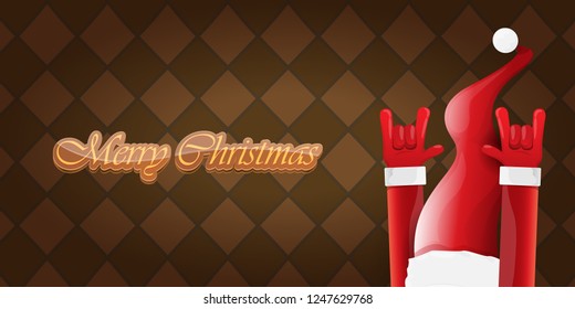 Vector Hipster Merry Christmas Rock n roll party horizontal banner or poster design . vector cartoon rock n roll Santa Claus character with calligraphic greeting text on vintage brown background