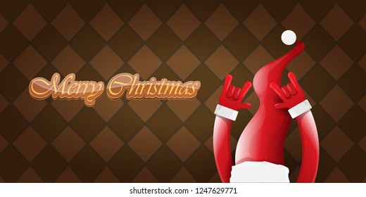 Vector Hipster Merry Christmas Rock n roll party horizontal banner or poster design . vector cartoon rock n roll Santa Claus character with calligraphic greeting text on vintage brown background