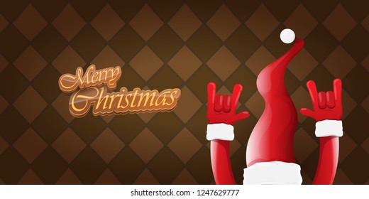 Vector Hipster Merry Christmas Rock n roll party horizontal banner or poster design . vector cartoon rock n roll Santa Claus character with calligraphic greeting text on vintage brown background