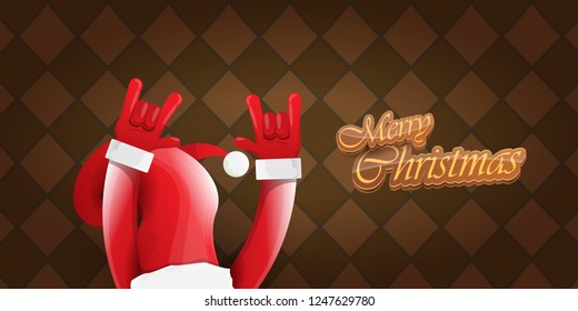 Vector Hipster Merry Christmas Rock n roll party horizontal banner or poster design . vector cartoon rock n roll Santa Claus character with calligraphic greeting text on vintage brown background
