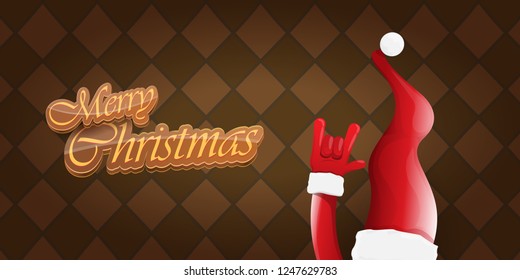 Vector Hipster Merry Christmas Rock n roll party horizontal banner or poster design . vector cartoon rock n roll Santa Claus character with calligraphic greeting text on vintage brown background