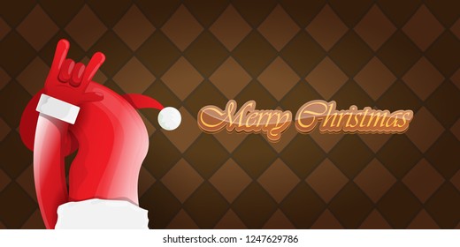 Vector Hipster Merry Christmas Rock n roll party horizontal banner or poster design . vector cartoon rock n roll Santa Claus character with calligraphic greeting text on vintage brown background