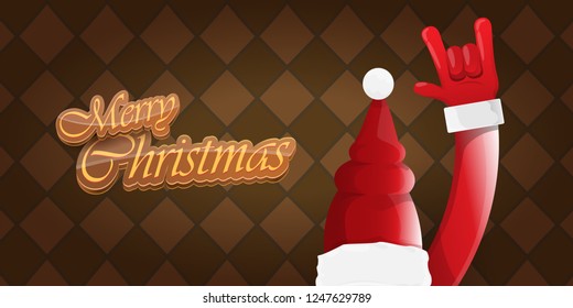 Vector Hipster Merry Christmas Rock n roll party horizontal banner or poster design . vector cartoon rock n roll Santa Claus character with calligraphic greeting text on vintage brown background