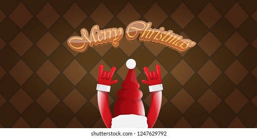 Vector Hipster Merry Christmas Rock n roll party horizontal banner or poster design . vector cartoon rock n roll Santa Claus character with calligraphic greeting text on vintage brown background