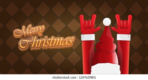 Vector Hipster Merry Christmas Rock n roll party horizontal banner or poster design . vector cartoon rock n roll Santa Claus character with calligraphic greeting text on vintage brown background