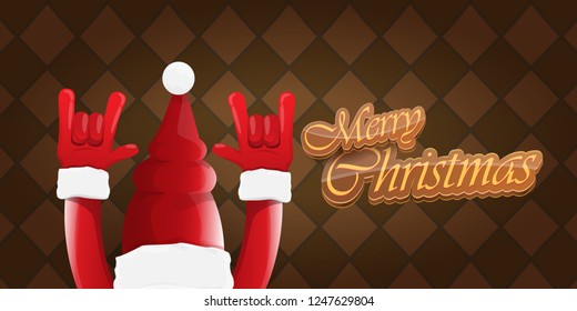 Vector Hipster Merry Christmas Rock n roll party horizontal banner or poster design . vector cartoon rock n roll Santa Claus character with calligraphic greeting text on vintage brown background