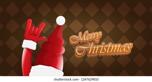 Vector Hipster Merry Christmas Rock n roll party horizontal banner or poster design . vector cartoon rock n roll Santa Claus character with calligraphic greeting text on vintage brown background