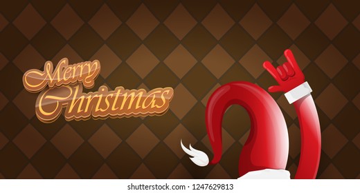 Vector Hipster Merry Christmas Rock n roll party horizontal banner or poster design . vector cartoon rock n roll Santa Claus character with calligraphic greeting text on vintage brown background