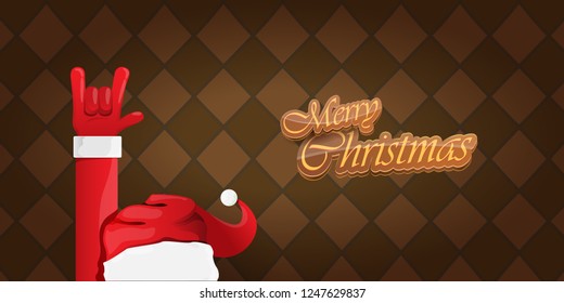 Vector Hipster Merry Christmas Rock n roll party horizontal banner or poster design . vector cartoon rock n roll Santa Claus character with calligraphic greeting text on vintage brown background
