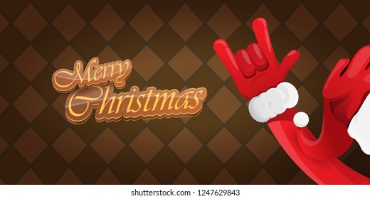Vector Hipster Merry Christmas Rock n roll party horizontal banner or poster design . vector cartoon rock n roll Santa Claus character with calligraphic greeting text on vintage brown background