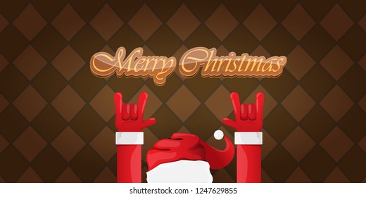 Vector Hipster Merry Christmas Rock n roll party horizontal banner or poster design . vector cartoon rock n roll Santa Claus character with calligraphic greeting text on vintage brown background