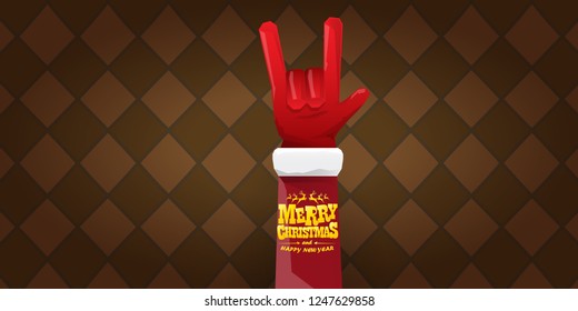 Vector Hipster Merry Christmas Rock n roll party horizontal banner or poster design . vector cartoon rock n roll Santa Claus character with calligraphic greeting text on vintage brown background