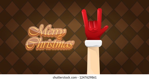 Vector Hipster Merry Christmas Rock n roll party horizontal banner or poster design . vector cartoon rock n roll Santa Claus character with calligraphic greeting text on vintage brown background