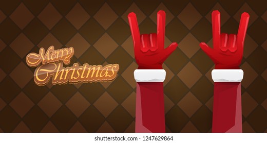 Vector Hipster Merry Christmas Rock n roll party horizontal banner or poster design . vector cartoon rock n roll Santa Claus character with calligraphic greeting text on vintage brown background