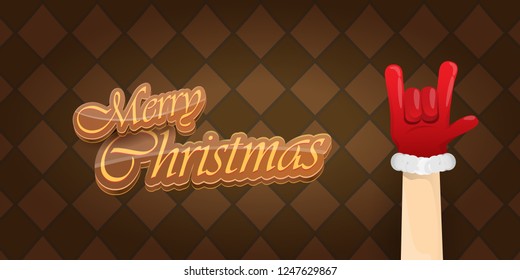 Vector Hipster Merry Christmas Rock n roll party horizontal banner or poster design . vector cartoon rock n roll Santa Claus character with calligraphic greeting text on vintage brown background