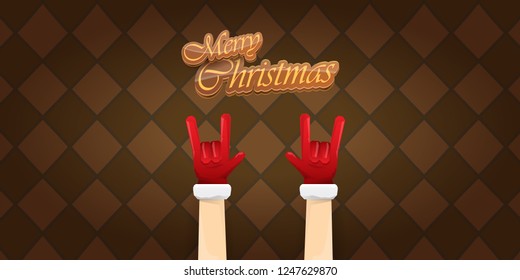 Vector Hipster Merry Christmas Rock n roll party horizontal banner or poster design . vector cartoon rock n roll Santa Claus character with calligraphic greeting text on vintage brown background