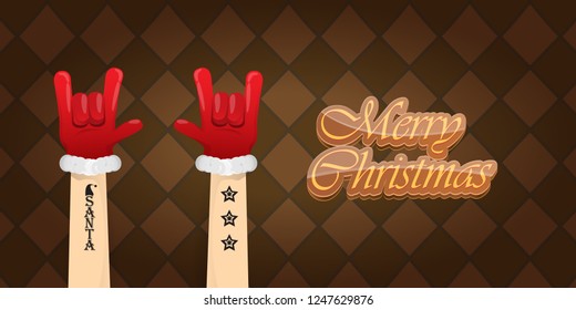 Vector Hipster Merry Christmas Rock n roll party horizontal banner or poster design . vector cartoon rock n roll Santa Claus character with calligraphic greeting text on vintage brown background