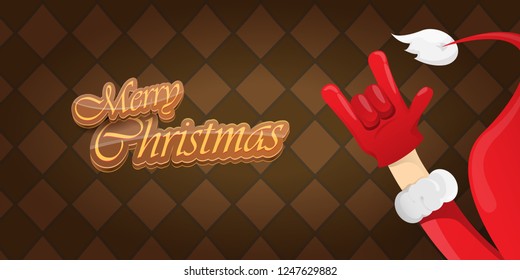 Vector Hipster Merry Christmas Rock n roll party horizontal banner or poster design . vector cartoon rock n roll Santa Claus character with calligraphic greeting text on vintage brown background