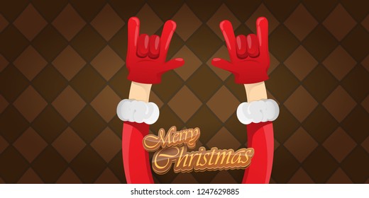 Vector Hipster Merry Christmas Rock n roll party horizontal banner or poster design . vector cartoon rock n roll Santa Claus character with calligraphic greeting text on vintage brown background