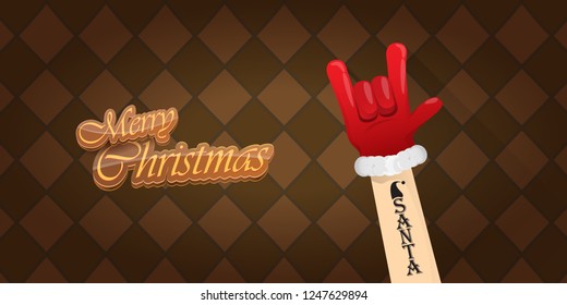 Vector Hipster Merry Christmas Rock n roll party horizontal banner or poster design . vector cartoon rock n roll Santa Claus character with calligraphic greeting text on vintage brown background
