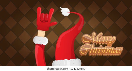 Vector Hipster Merry Christmas Rock n roll party horizontal banner or poster design . vector cartoon rock n roll Santa Claus character with calligraphic greeting text on vintage brown background