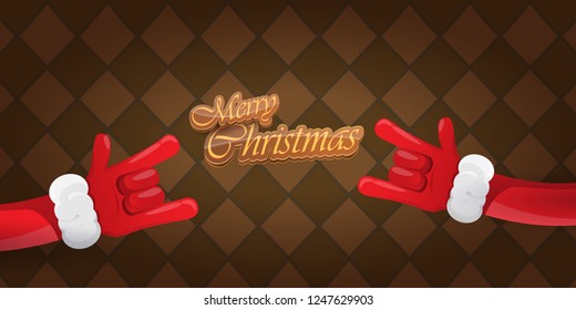 Vector Hipster Merry Christmas Rock n roll party horizontal banner or poster design . vector cartoon rock n roll Santa Claus character with calligraphic greeting text on vintage brown background