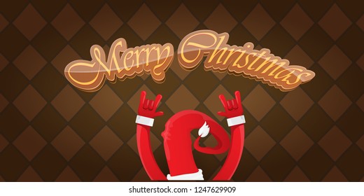 Vector Hipster Merry Christmas Rock n roll party horizontal banner or poster design . vector cartoon rock n roll Santa Claus character with calligraphic greeting text on vintage brown background