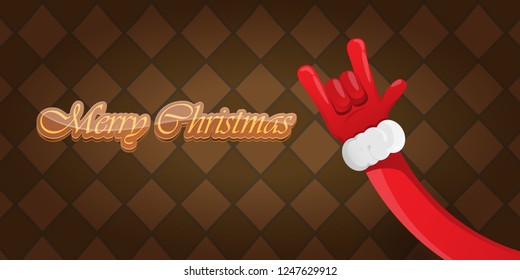 Vector Hipster Merry Christmas Rock n roll party horizontal banner or poster design . vector cartoon rock n roll Santa Claus character with calligraphic greeting text on vintage brown background