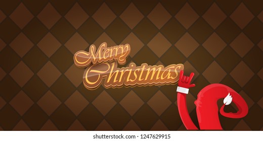 Vector Hipster Merry Christmas Rock n roll party horizontal banner or poster design . vector cartoon rock n roll Santa Claus character with calligraphic greeting text on vintage brown background