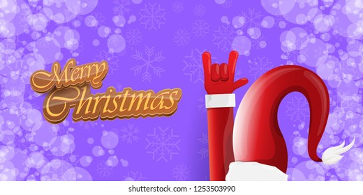 Vector Hipster Merry Christmas Rock n roll party horizontal banner or poster design . vector cartoon rock n roll Santa Claus character with calligraphic greeting text on violet snowy background