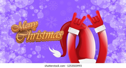 Vector Hipster Merry Christmas Rock n roll party horizontal banner or poster design . vector cartoon rock n roll Santa Claus character with calligraphic greeting text on violet snowy background